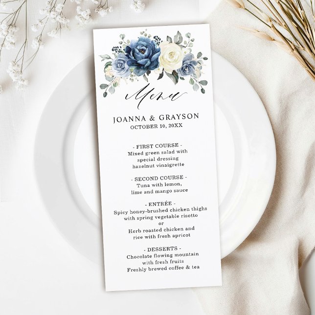 Menú Dusty Marina Azul Champagne Boda de marfil (Dusty Blue Navy Champagne Ivory Floral Wedding Menu)