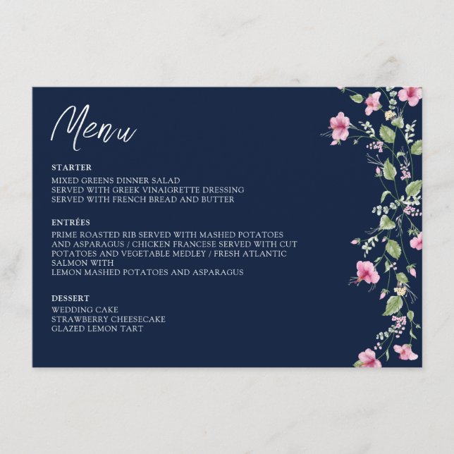 Menú Dusty Navy Blue Pink Hibiscus Bloom Shower (Anverso)