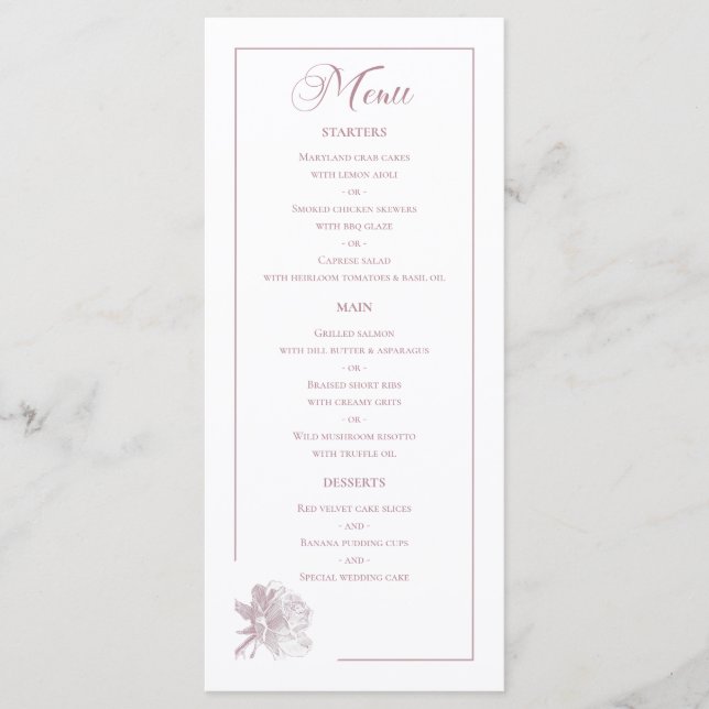 Menú Dusty Pink Line Art Rose Dinner Details Wedding (Anverso)