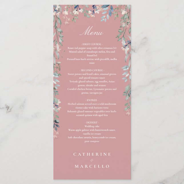Menú Dusty Rosa Floral Boda Cena (Anverso)