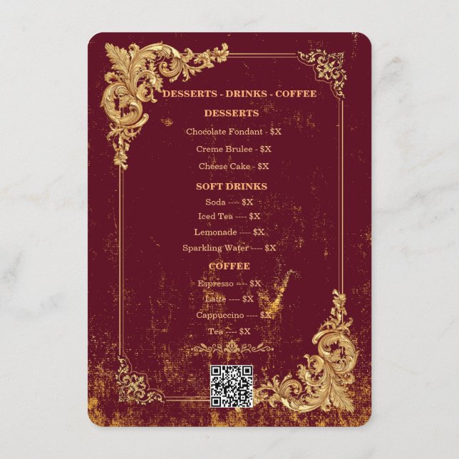 Menú editable de Bordeaux dorado con código QR (Reverso)