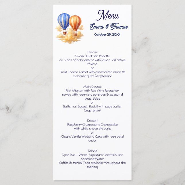 Menú El amor está en el aire Boda de viajes en globo ae (Anverso)