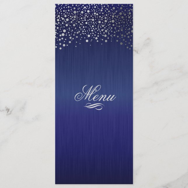 Menú El confeti de plata elegante puntea azul marino (Anverso)