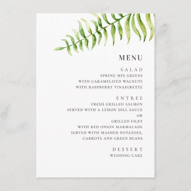 Menú El helecho verde acuarela. Boda botánico de vegeta (Anverso)