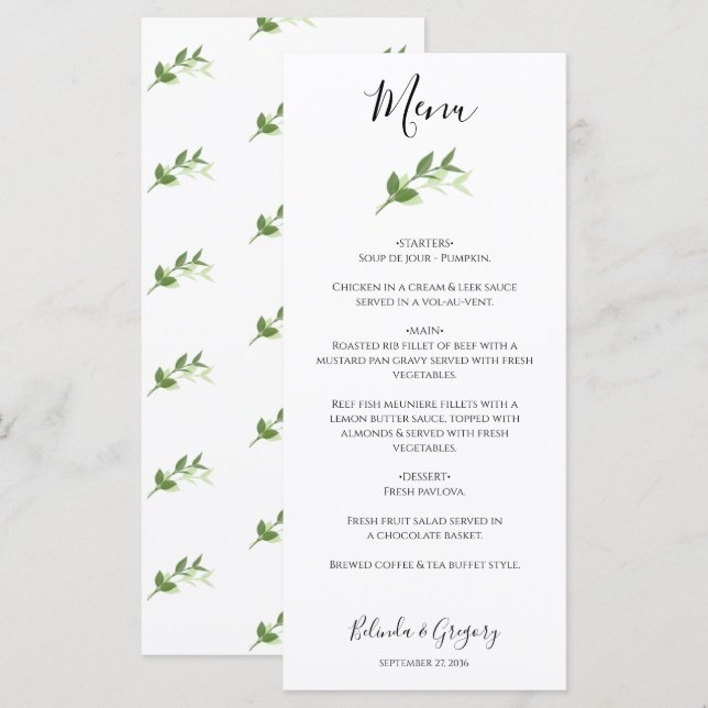 Menú El jardín verde deja al Boda del marco (Anverso / Reverso)