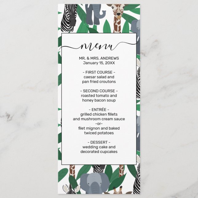 Menú Elefante de cebra jungla jirafa Safari Animales (Anverso)