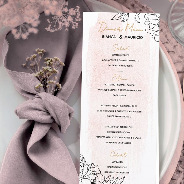 Menú Elegancia acuarela de Rubor con acento floral negr (Blush Watercolor Elegance with Black Floral Accent Menu)