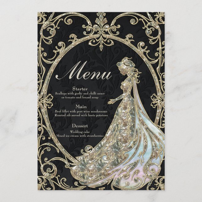 Menú Elegancia en oro y negro. (Anverso)