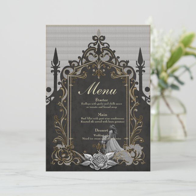 Menú Elegancia en plata y negro. (Anverso de pie)