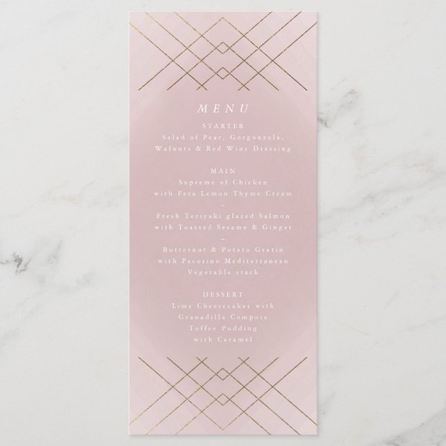 Menú Elegancia rosa dorada Diamante Geo Deco Boda (Anverso)