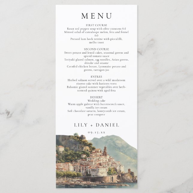 Menú Elegant Amalfi Italian Watercolor Wedding (Anverso)