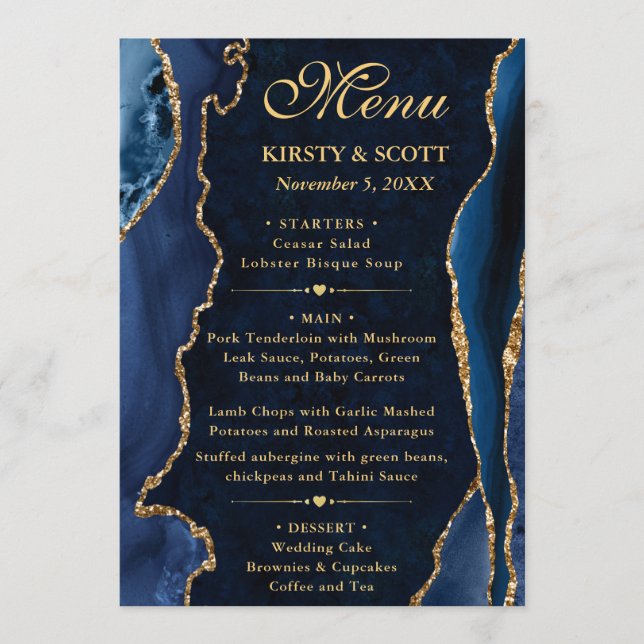 Menú Elegant Blue and Gold Faux Glitter Agate Wedding (Anverso)