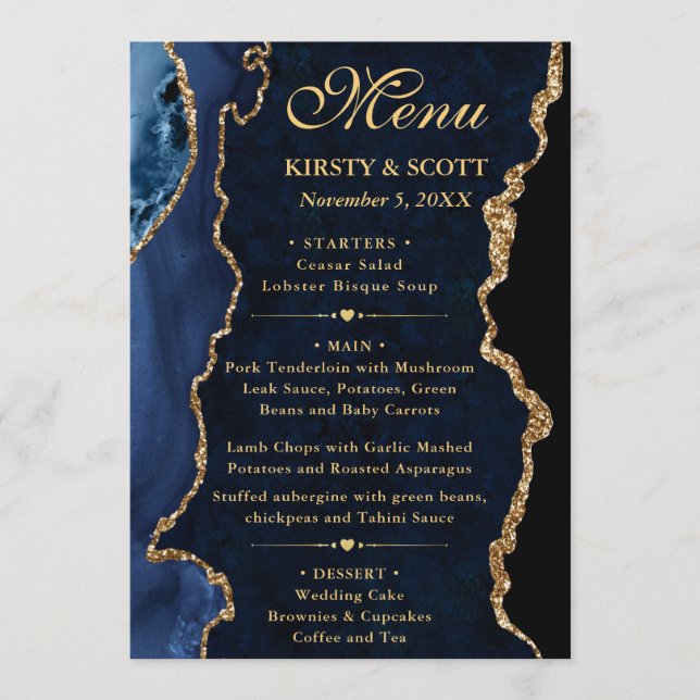 Menú Elegant Blue and Gold Glitter Agate Wedding (Anverso)