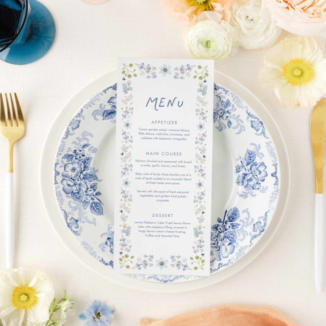Menú Elegant Blue Floral Bridal Shower (Blue Floral Garden Bridal Shower Menu Card)