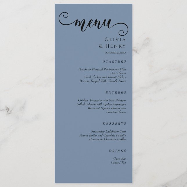 Menú Elegant Calligraphy Minimalist Blue Wedding  (Anverso)