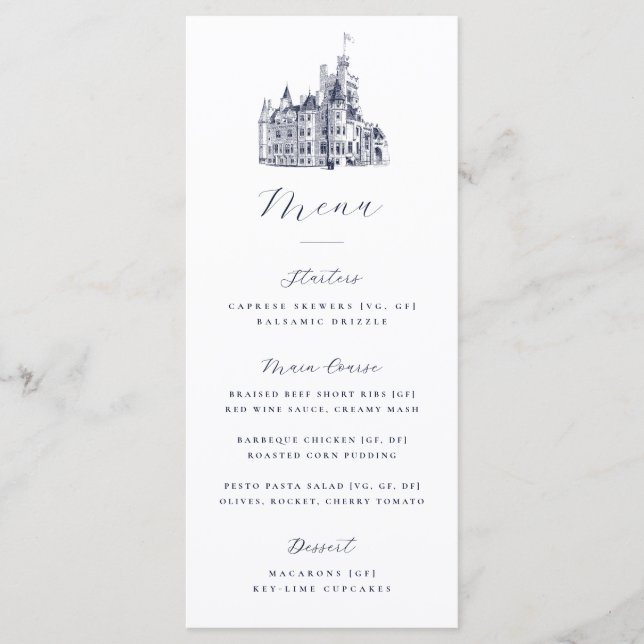 Menú Elegant Castle Illustration Destination Wedding  (Anverso)