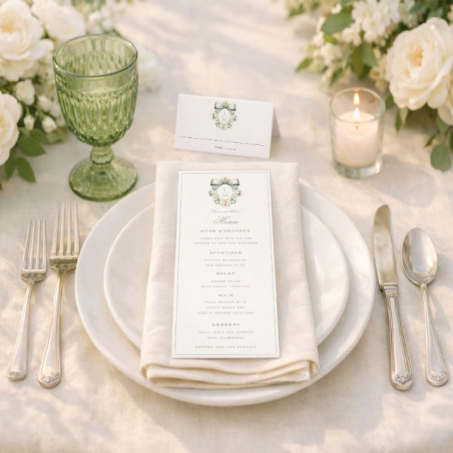 Menú Elegant Crest w/ Sage Green Bow | Monogram Wedding (Subido por el creador)