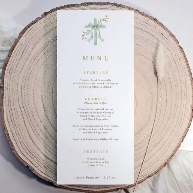 Menú Elegant Cross Sage Botanical Watercolor Baptism (Baptism menu with sage green watercolor cross, bow, and gold script text)