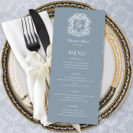 Menú Elegant Dusty Blue Formal Monogram Crest Wedding