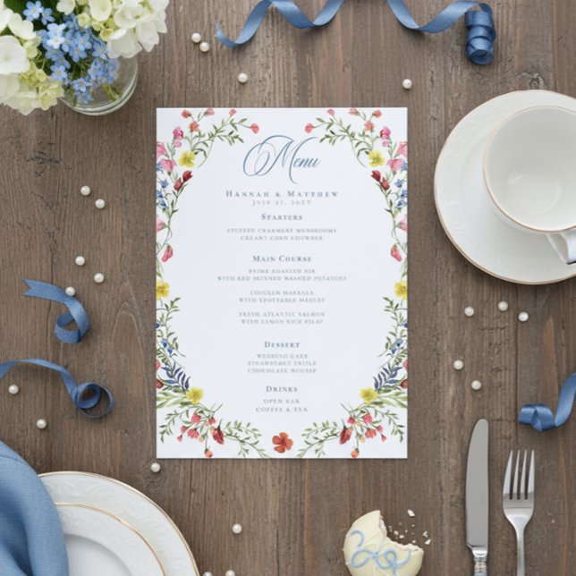 Menú Elegant Dusty Blue Pastel Wildflower Crest Wedding (Subido por el creador)
