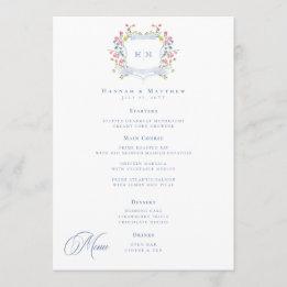 Menú Elegant Dusty Blue Pastel Wildflower Crest Wedding