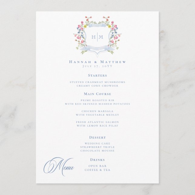 Menú Elegant Dusty Blue Pastel Wildflower Crest Wedding (Anverso)