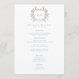Menú Elegant Dusty Blue Pastel Wildflower Crest Wedding