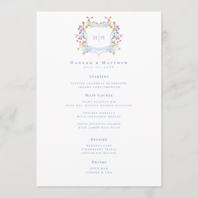 Menú Elegant Dusty Blue Pastel Wildflower Crest Wedding (Anverso)