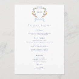 Menú Elegant Dusty Blue Pastel Wildflower Crest Wedding