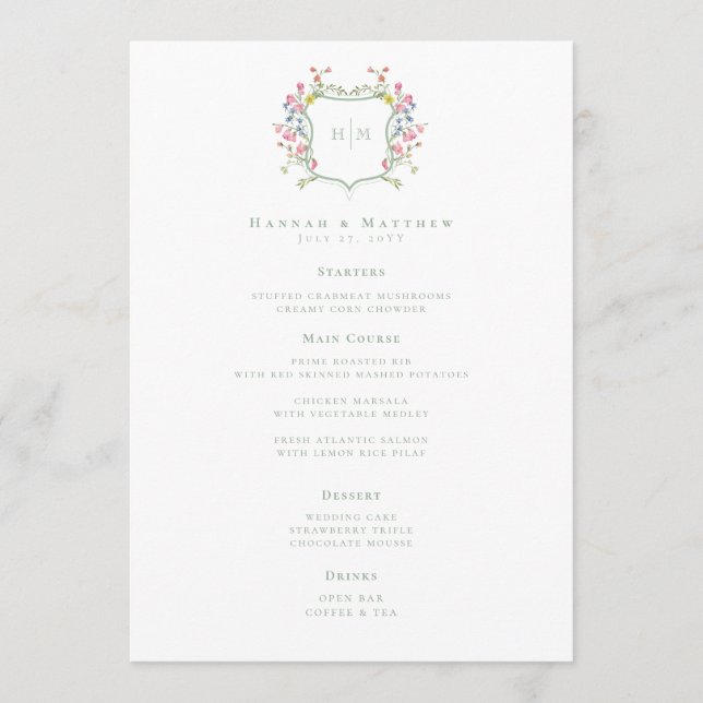Menú Elegant Dusty Sage Pastel Wildflower Crest Wedding (Anverso)