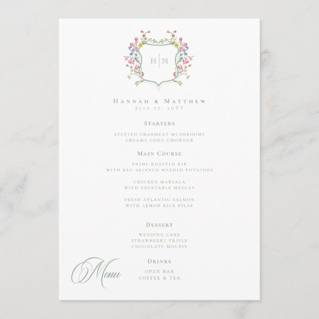 Menú Elegant Dusty Sage Pastel Wildflower Crest Wedding (Anverso)