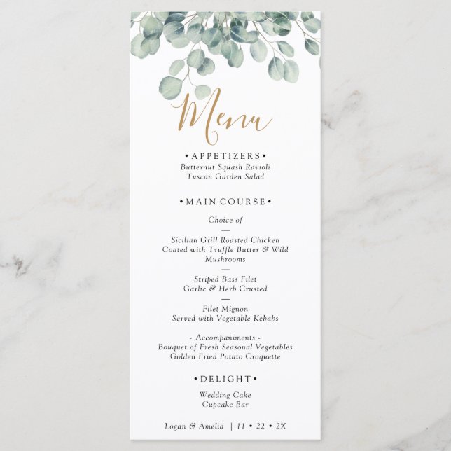 Menú Elegant Eucalyptus Greenery Wedding (Anverso)