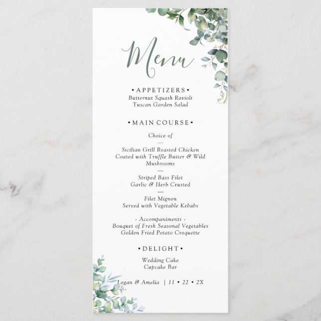 Menú Elegant Eucalyptus Greenery Wedding (Anverso)