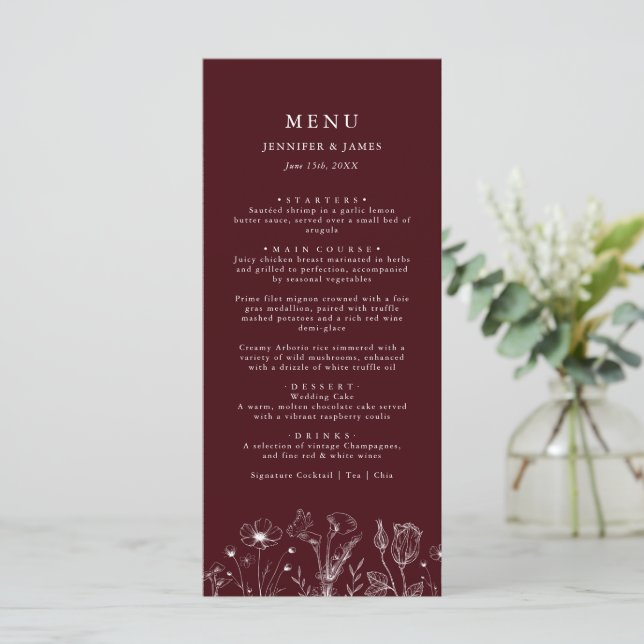Menú Elegant Floral Burgundy Wedding  (Anverso de pie)