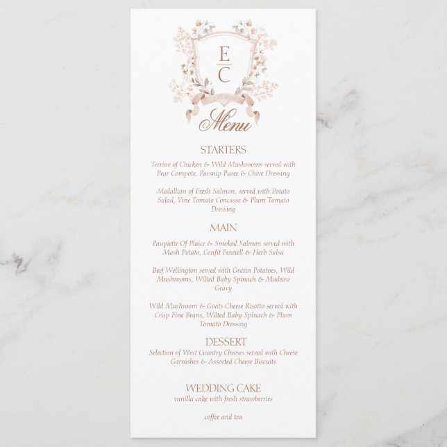 Menú Elegant Floral Crest Monogram Wedding  (Anverso)