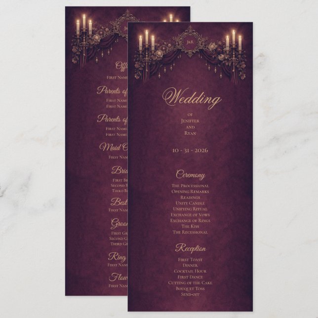Menú Elegant floral Gothic Halloween Wedding Program (Anverso / Reverso)