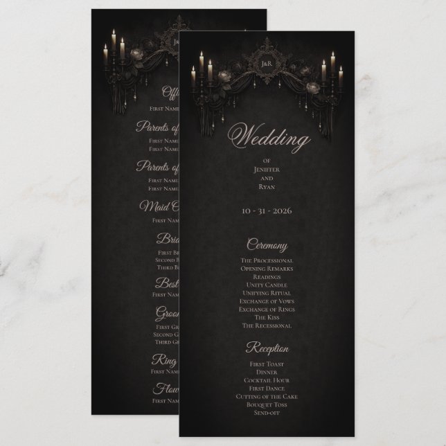 Menú Elegant floral Gothic Halloween Wedding Program (Anverso / Reverso)
