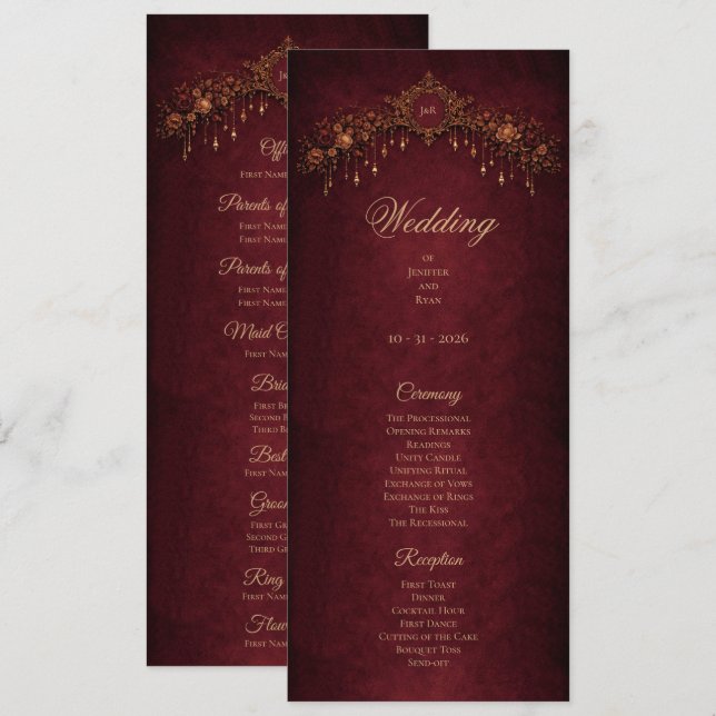 Menú Elegant floral Gothic Halloween Wedding Program (Anverso / Reverso)