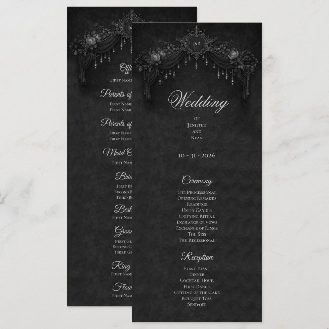 Menú Elegant floral Gothic Halloween Wedding Program (Anverso / Reverso)