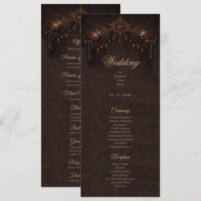 Menú Elegant floral Gothic Halloween Wedding Program (Anverso / Reverso)