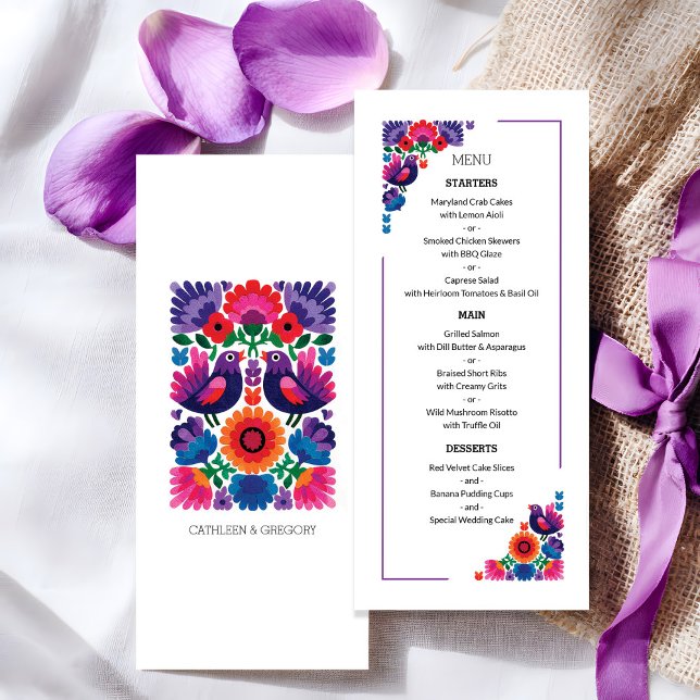 Menú Elegant Folk Birds and Flowers Wedding Pattern (Elegant Folk Birds and Flowers Pattern Wedding Menu)