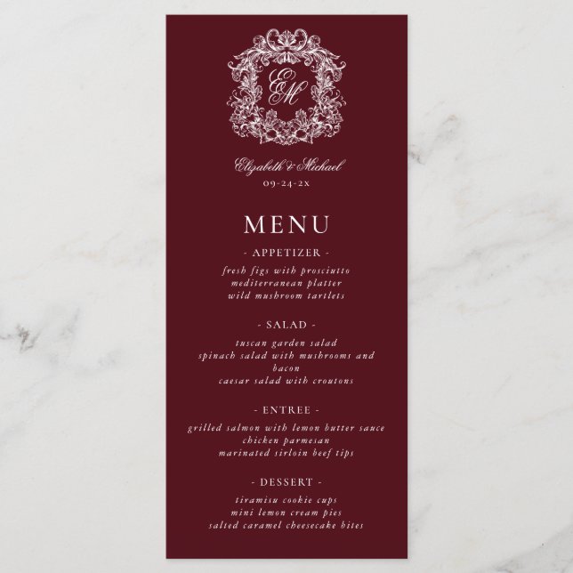 Menú Elegant Formal Monogram Crest Burgundy Wedding (Anverso)