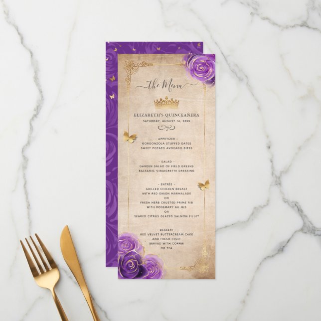 Menú Elegant Gold and Purple Roses Watercolor Floral (Anverso/Reverso In Situ)