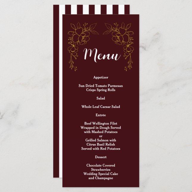 Menú Elegant Gold Floral Deep Burgundy Stripes Wedding  (Anverso / Reverso)