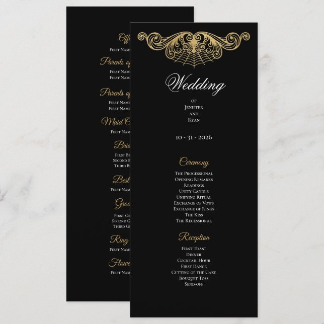 Menú Elegant gold Gothic Wedding Program (Anverso / Reverso)