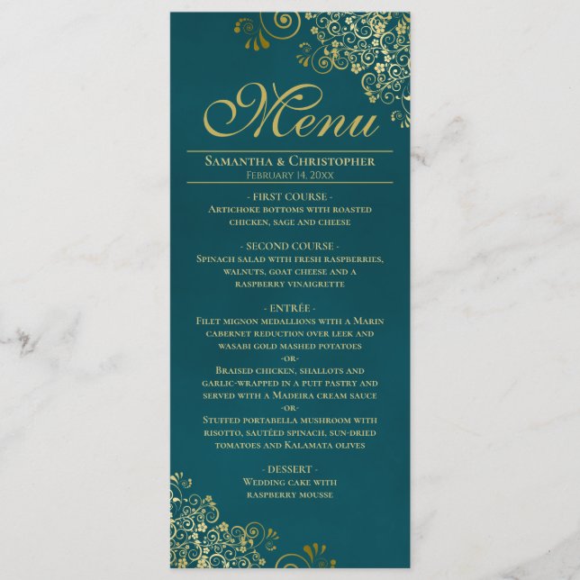 Menú Elegant Golden Curls & Swirls on Teal Wedding (Anverso)