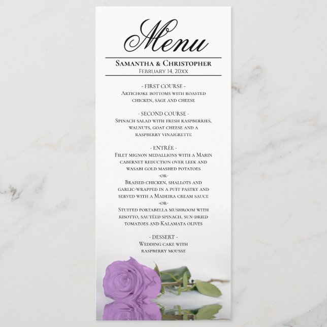 Menú Elegant Long Stemmed Lilac Purple Rose Wedding (Anverso)