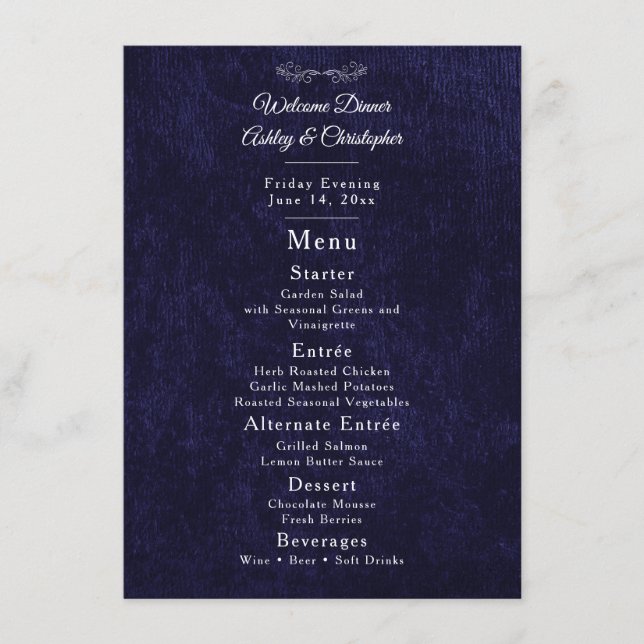 Menú Elegant Navy Blue White Welcome Dinner (Anverso)