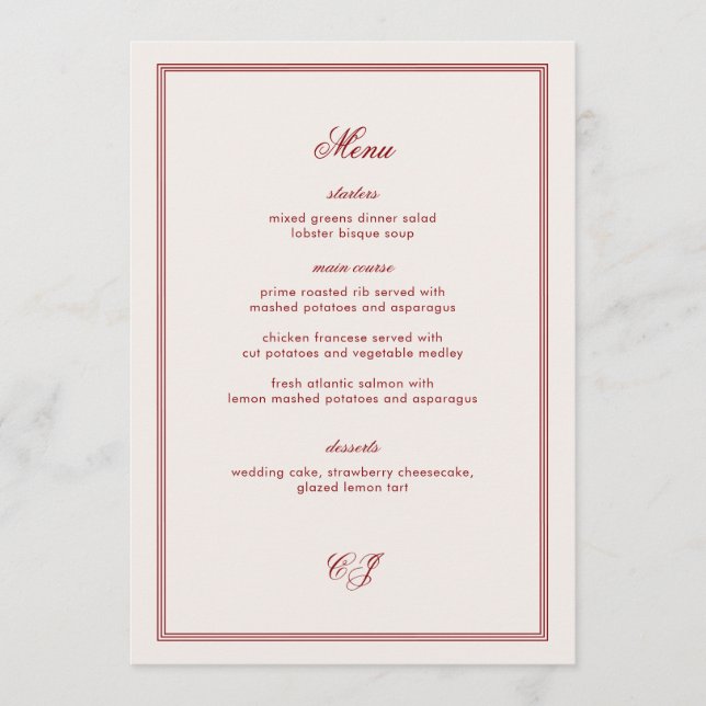 Menú Elegant Old Money Burgundy Wedding (Anverso)