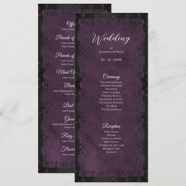 Menú Elegant purple Gothic Wedding Program (Anverso / Reverso)